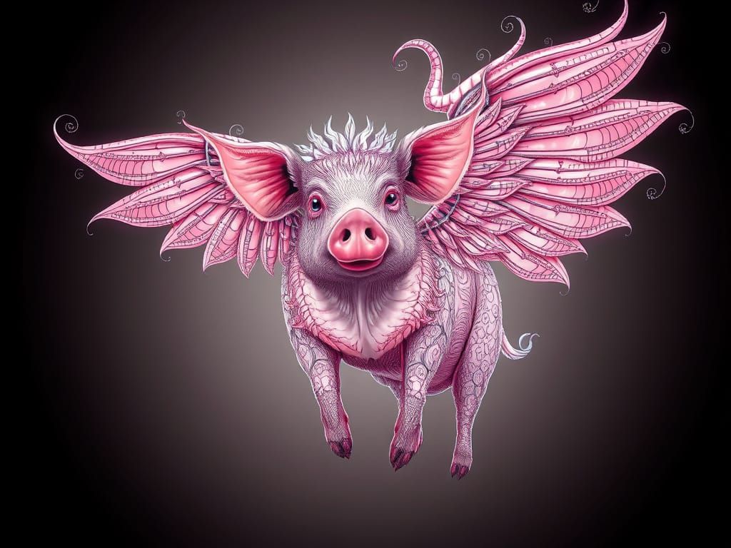 Winged Pig with Intricate Wings in Fractal Style