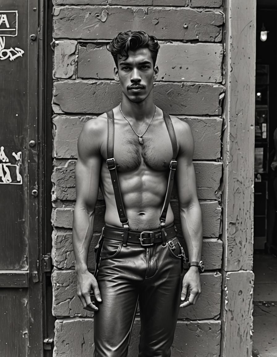 Latino Man in Leather Harness on Gritty Street