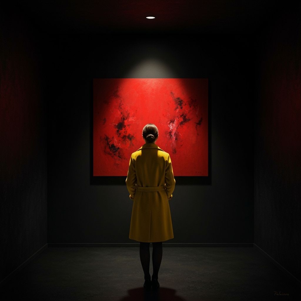 Woman in Yellow Coat Faces Red Abstract Art