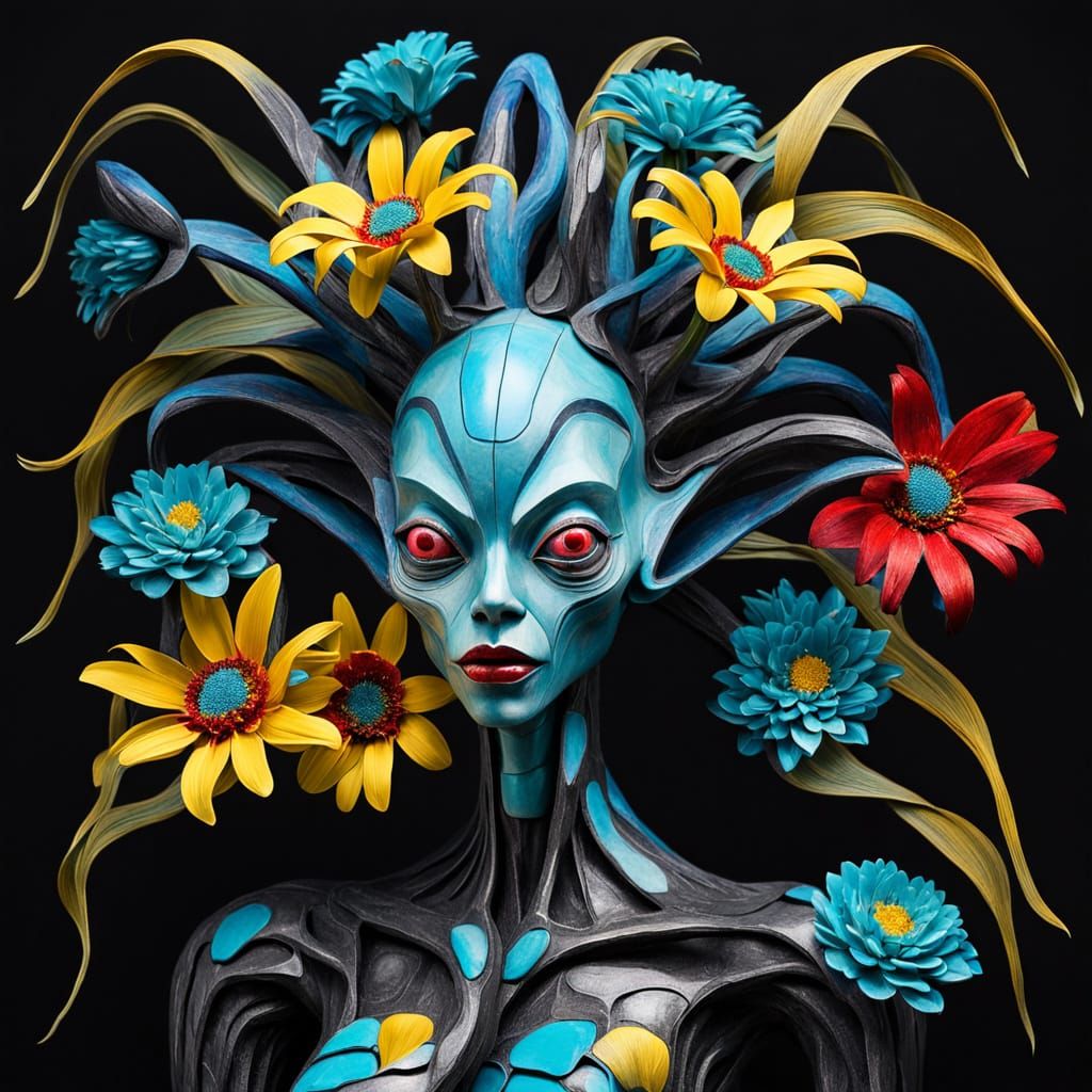 Alien Sculpture with Floral Hair in Giger Style
