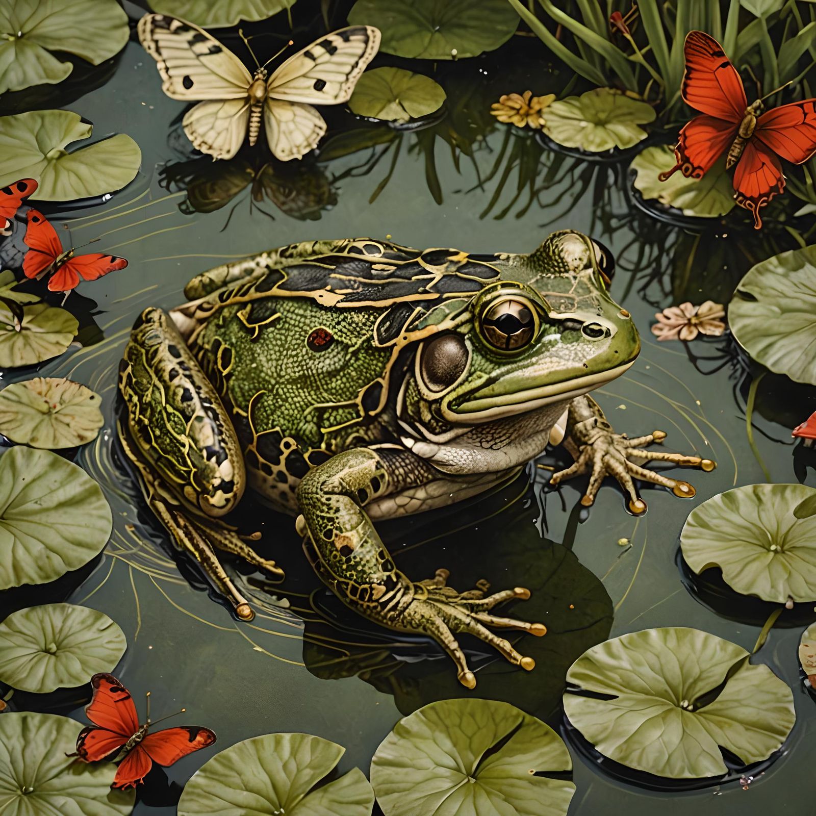 Intricate Botanical Etching of a Frog in Pond
