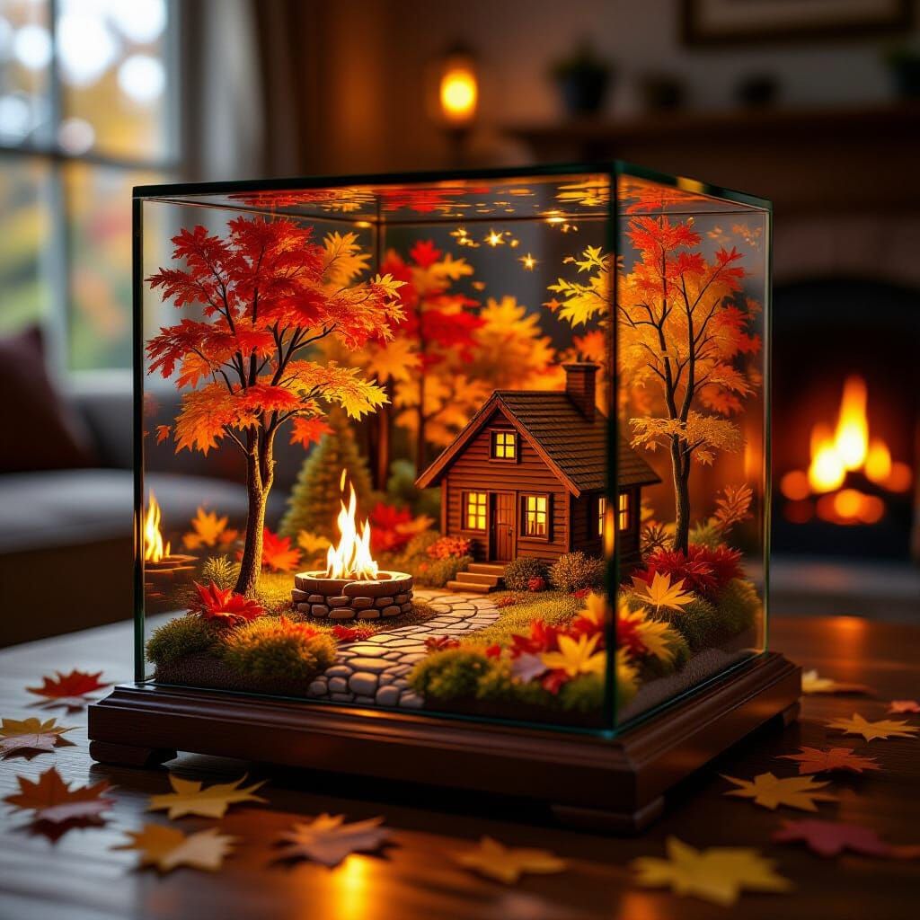 Miniature Autumn World in Glass Cube as Souvenir