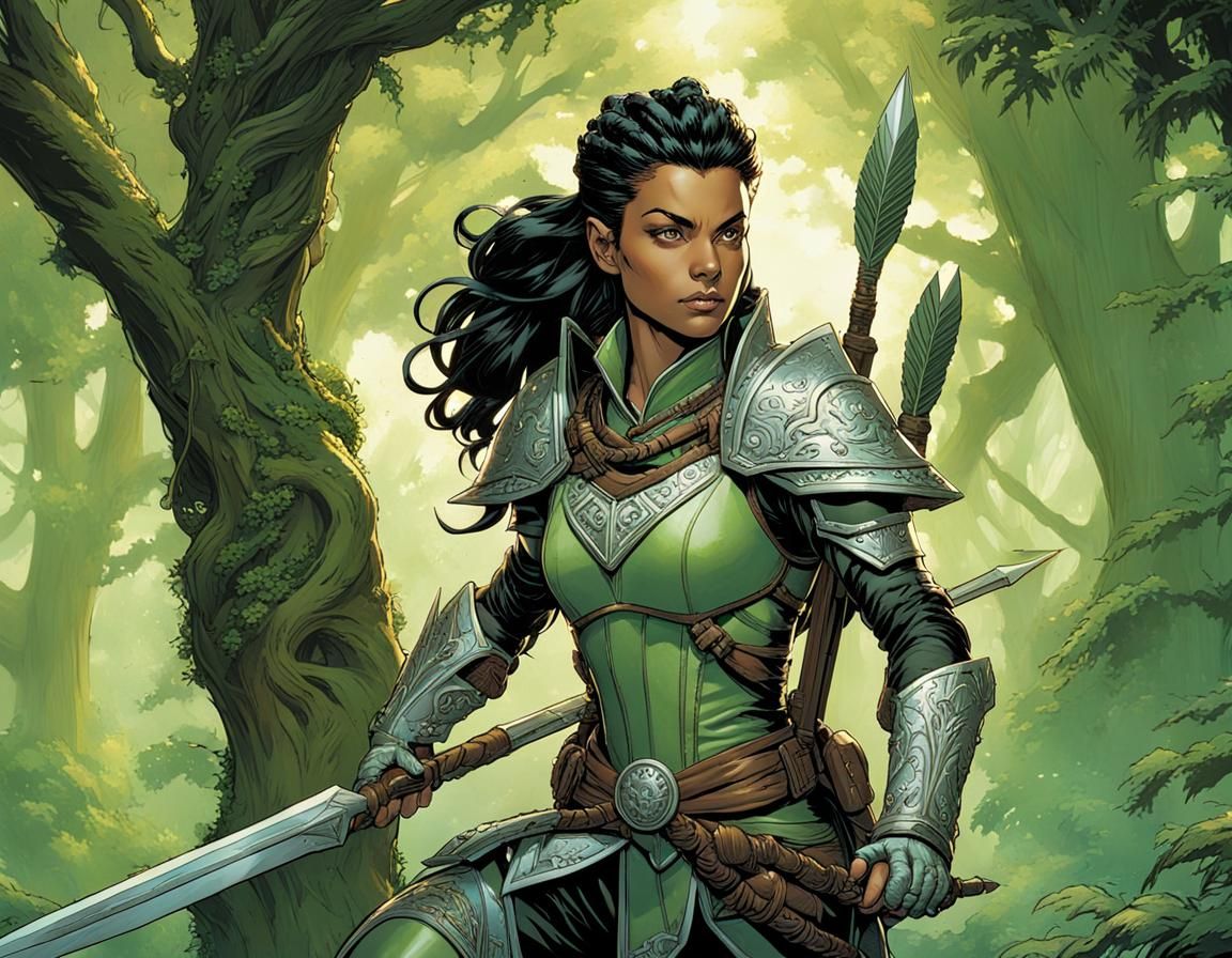 Female Elf Warrior Scouting Forest, Comic Book Art