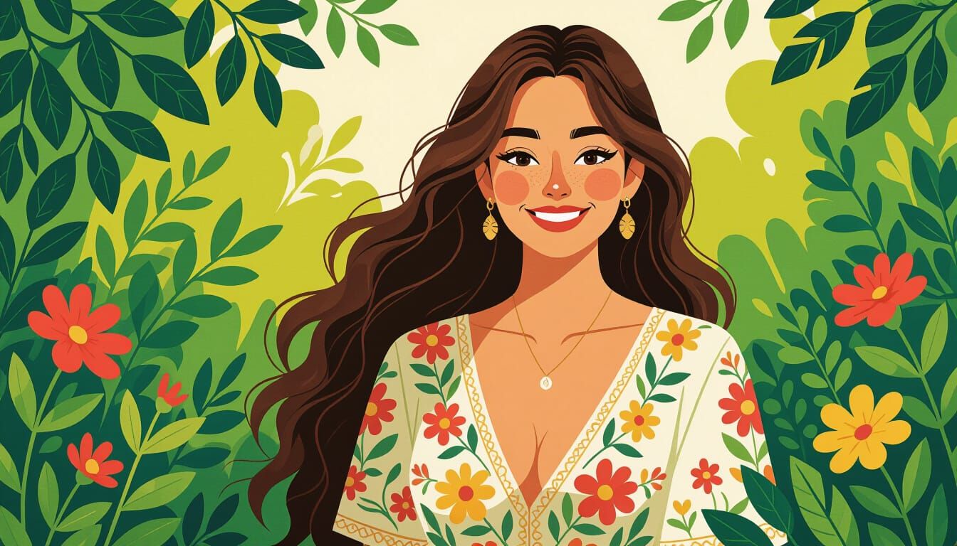 Earthy Woman Smiling in Whimsical Folk Art