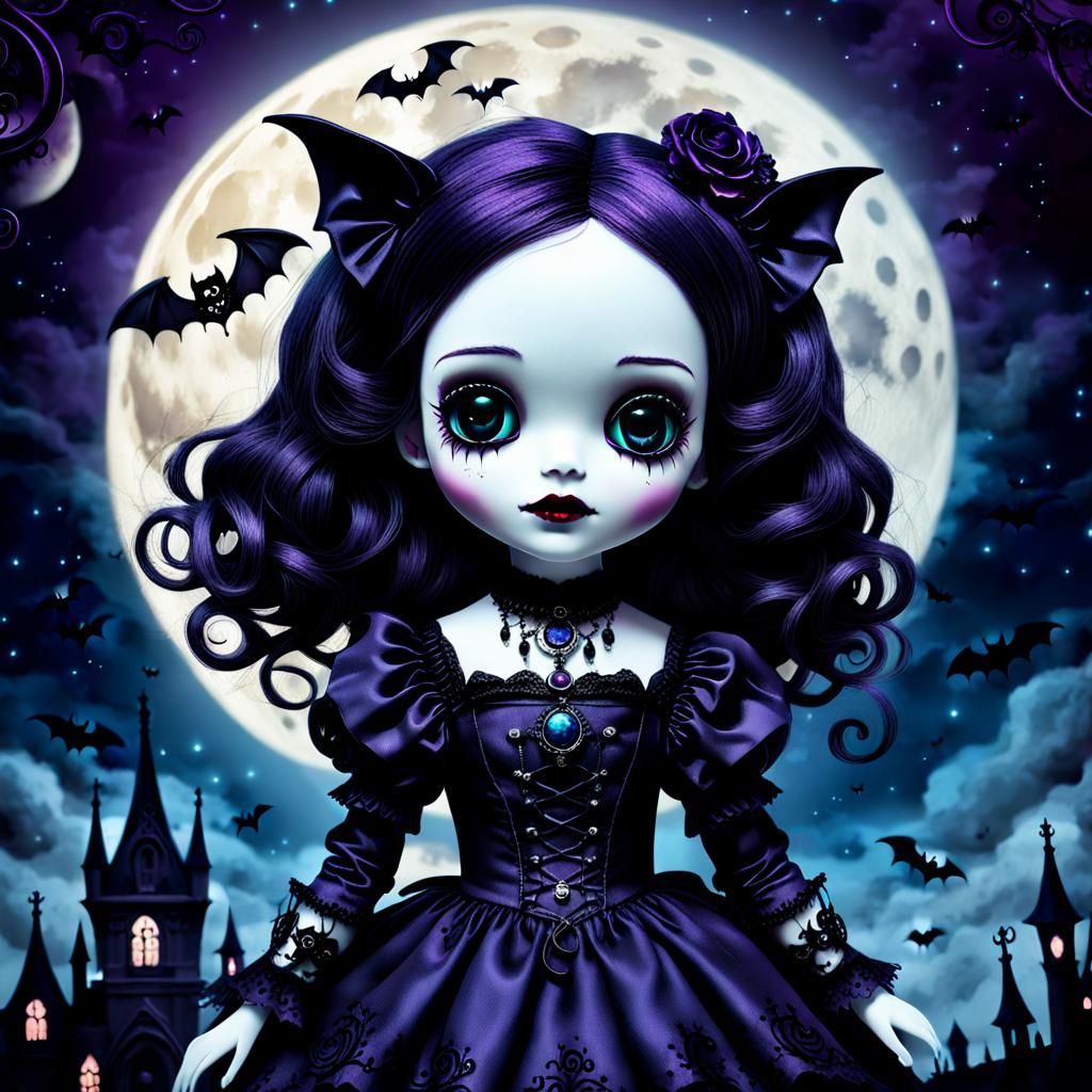 Cute Gothic Doll in Swirling Night Sky
