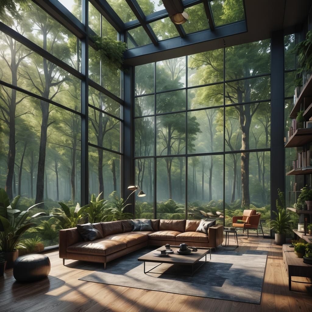 Hyperrealistic Forest View in Modern Living Space