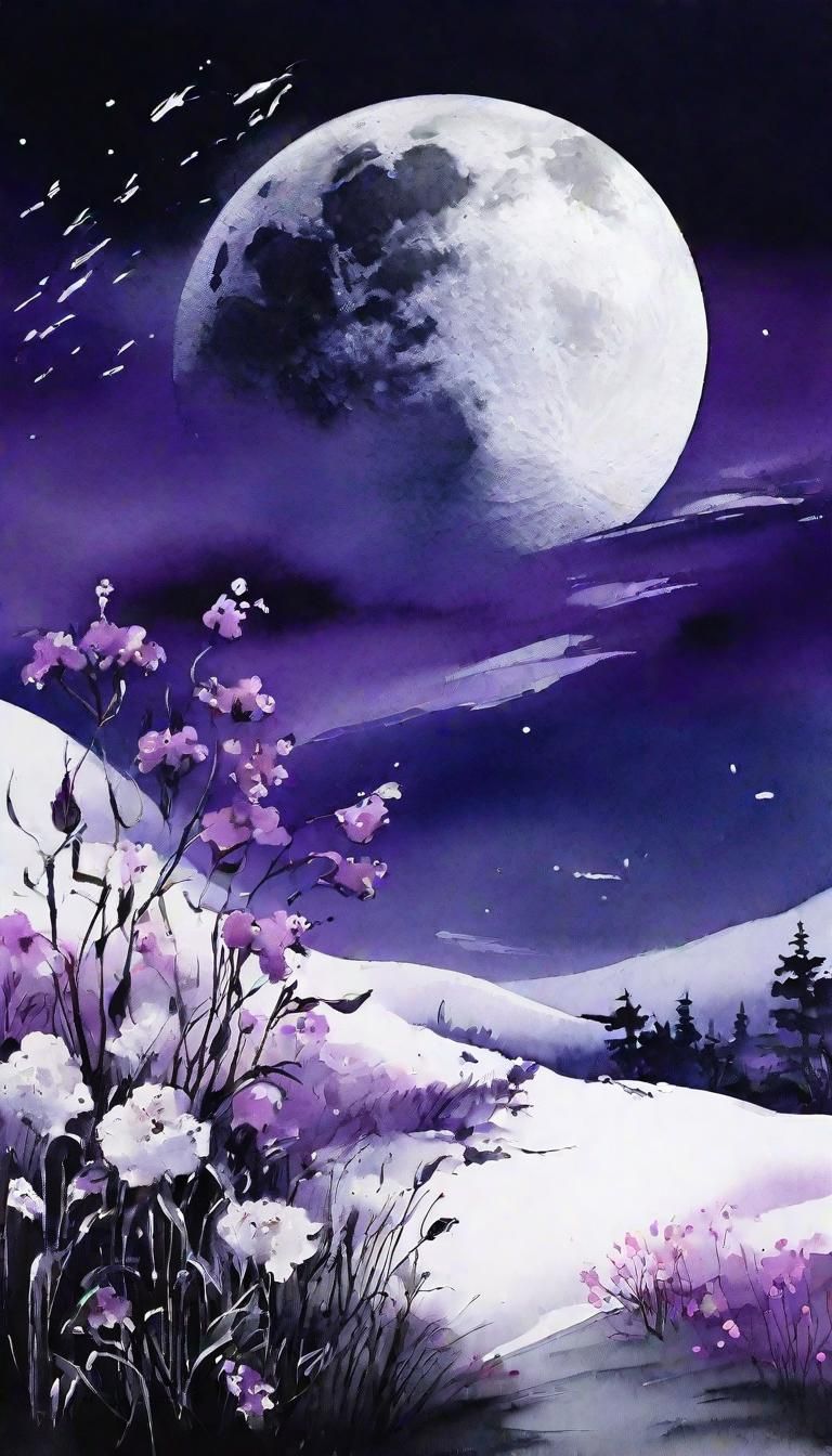 Ink Painting of Moonlit Flowers in Winter