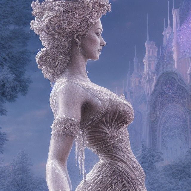 Glowing Ice Woman Statue in Art Nouveau Style