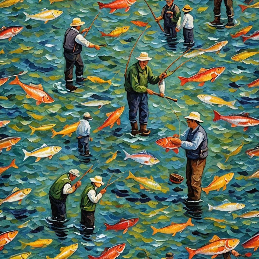 Fishing T-Shirt: Neo-Impressionist Impasto Oil Painting