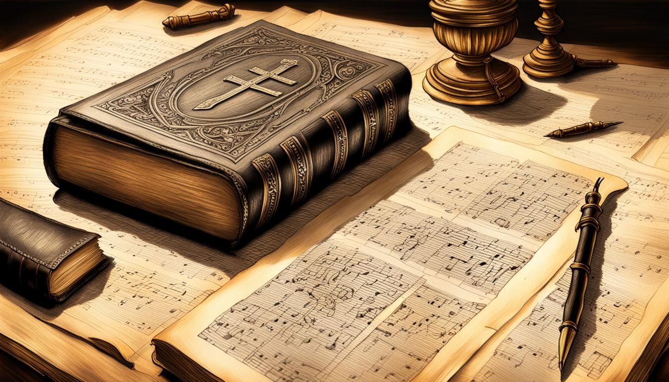 Majestic Bible and Musical Scores in Charcoal