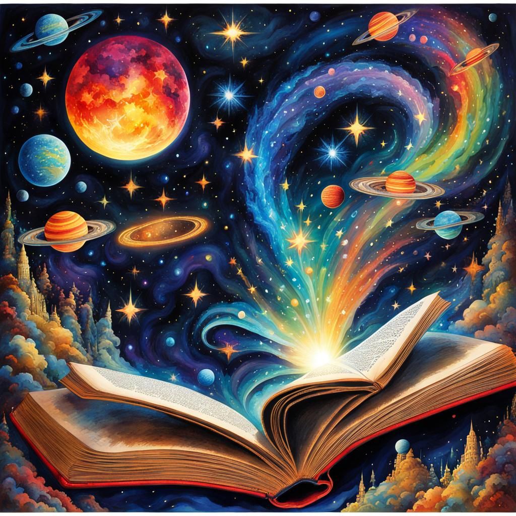 Magical Book with Cosmic Starscape in Watercolor Style