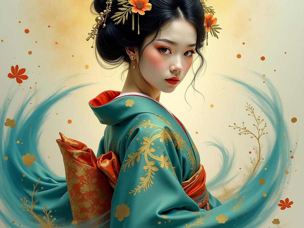 Ethereal Geisha in Flowing Kimono as Oil Painting