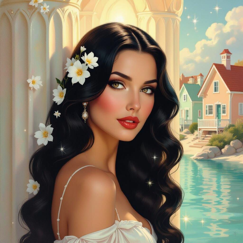 Goddess with Flowers in Golden Light, Tamara de Lempicka Sty...