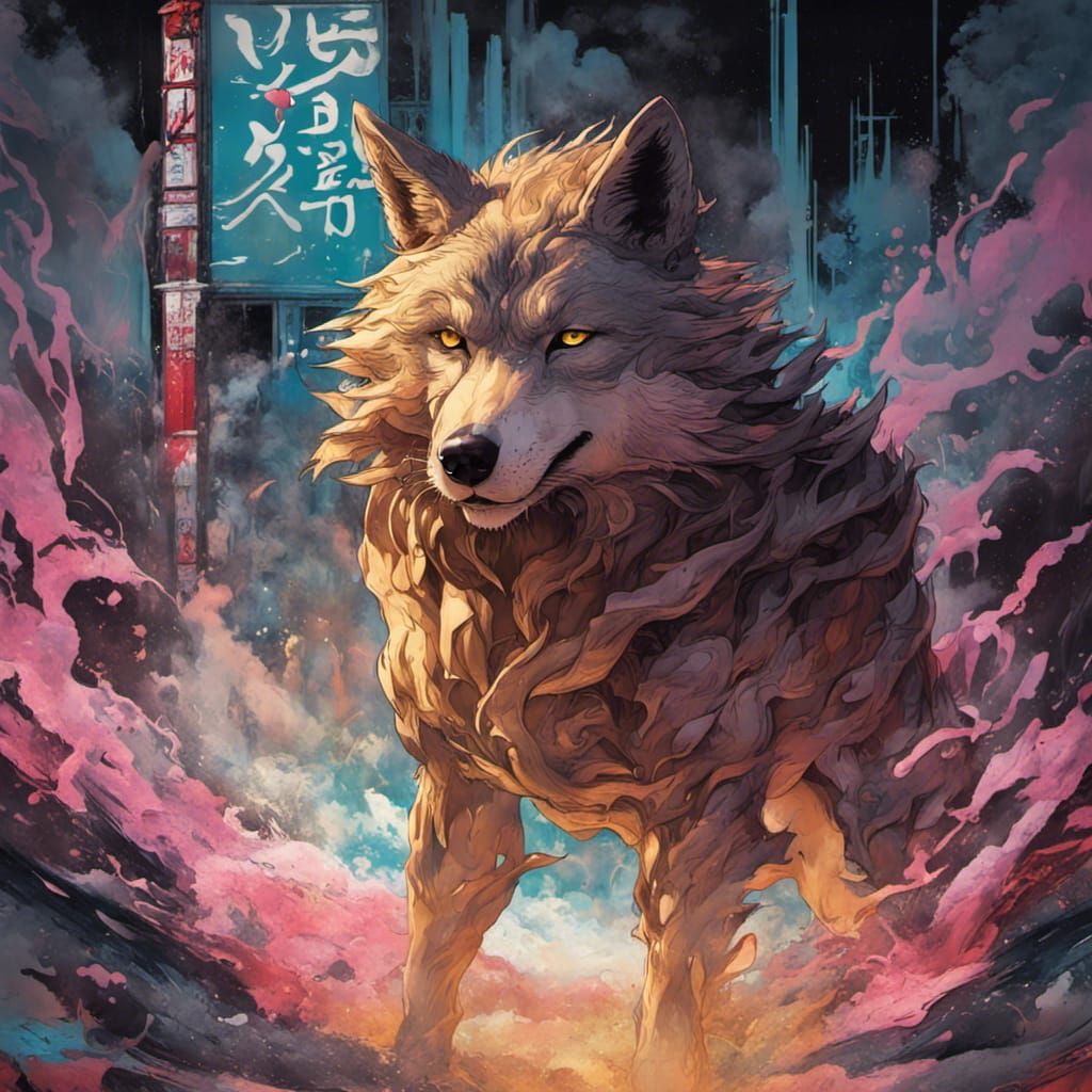Asian Wolf Yokai in Graffiti Art Style
