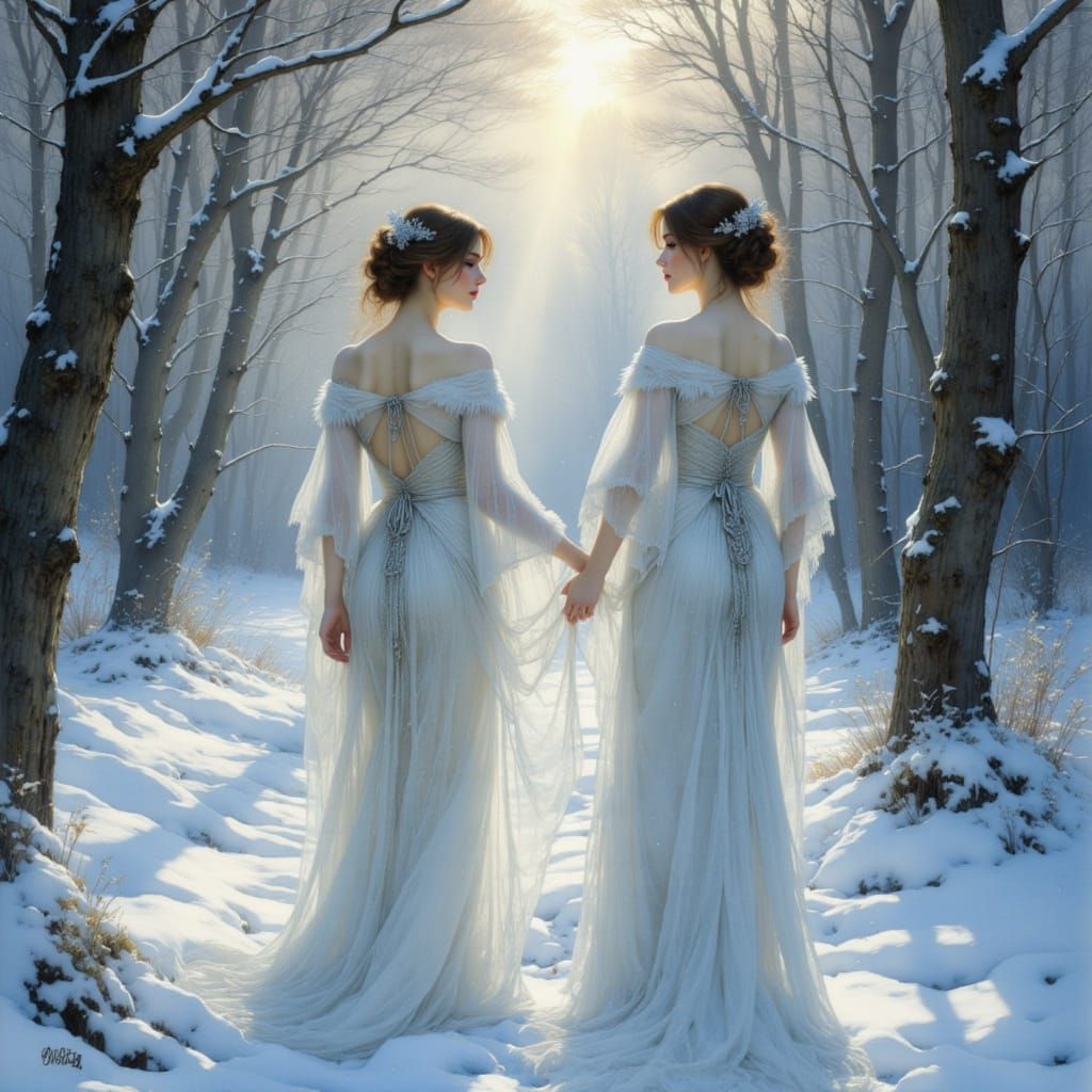Fae Woman in Icy Robe in Winter Wonderland Forest