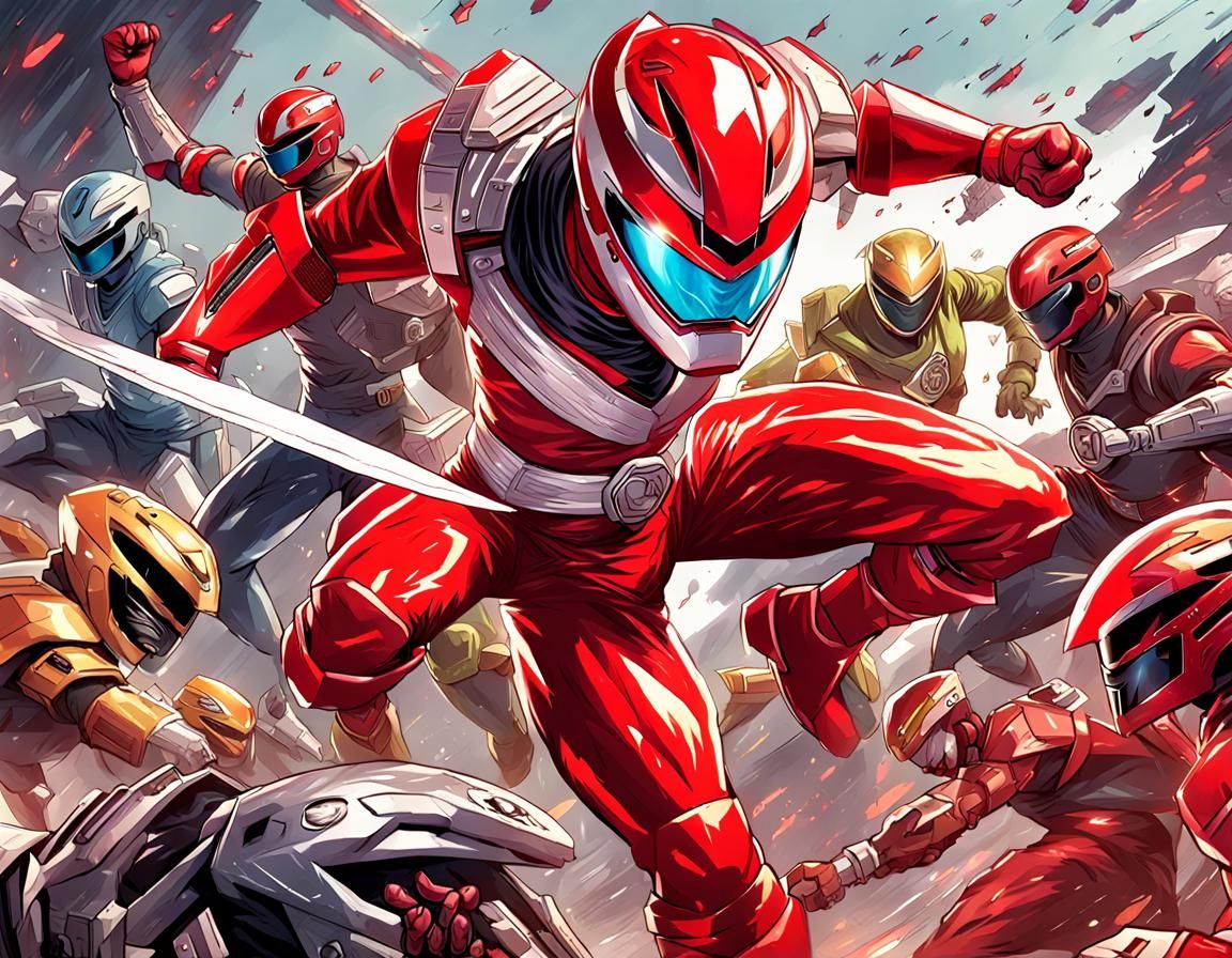 Red Power Ranger vs Cyborgs in Comic Style