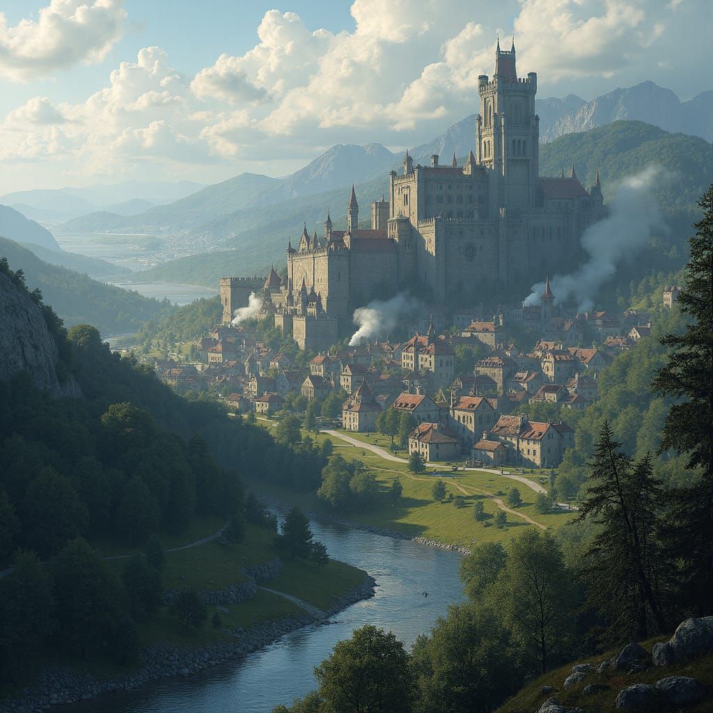 Medieval Fantasy Village by River in Dark Forest