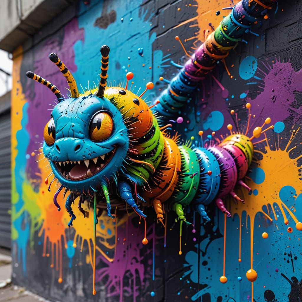 Vibrant Caterpillar Graffiti Art in Urban Style