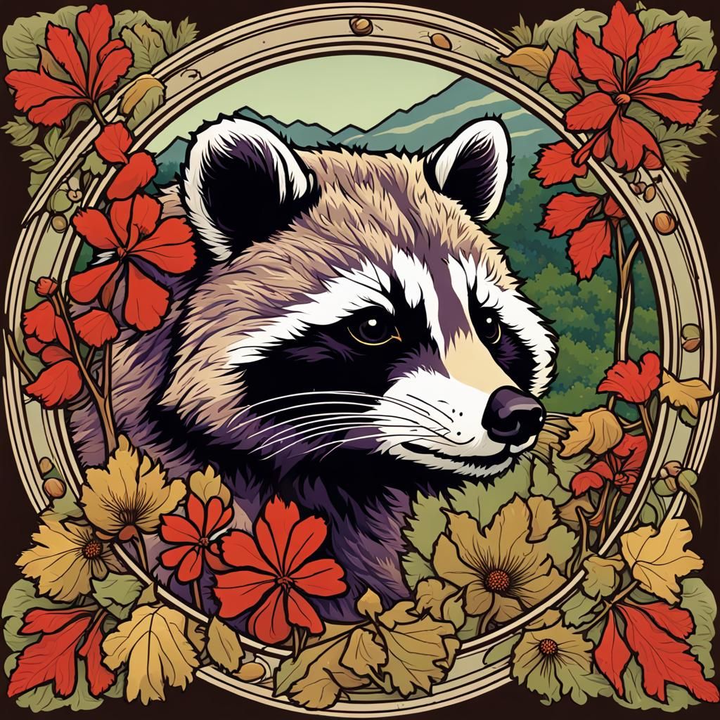 Art Nouveau Woodcut: Raccoon in Vermont