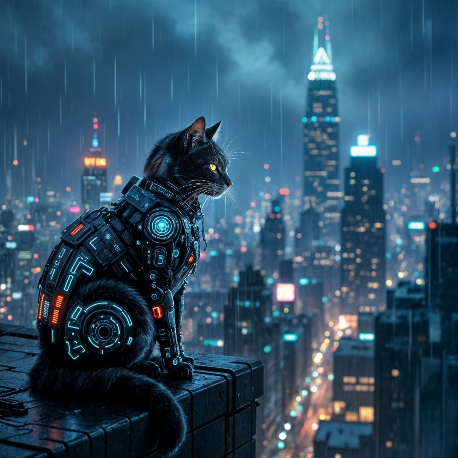 Cybernetic Cat on Neon Rooftop