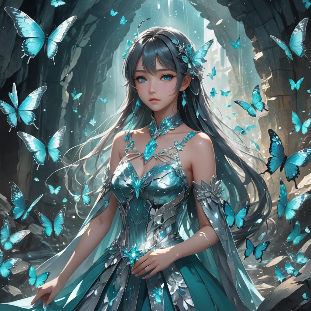 Anime Girl Aqua in Turquoise and Silver Crystal Cave