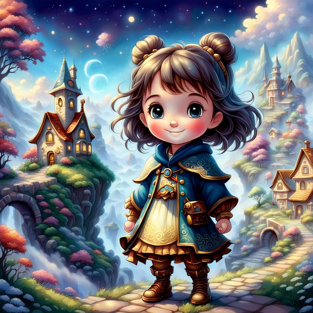 Ethereal Chibi Character with Fantasy Landscape