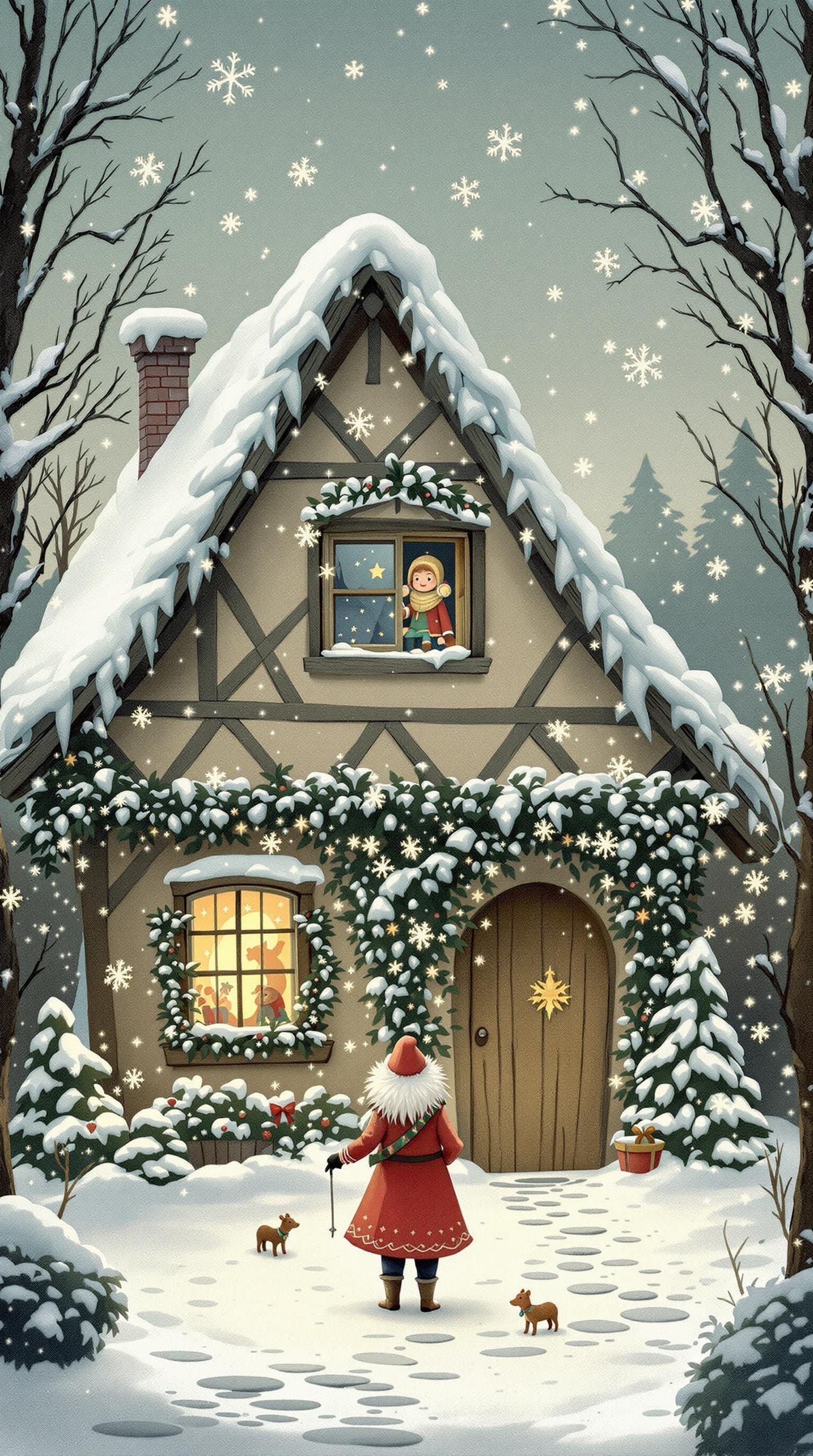 Whimsical Nikolaus in Snowy Forest, Folk-Art Style