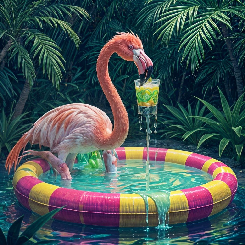 Flamingo Turns Neon Green Drinking Mountain Dew