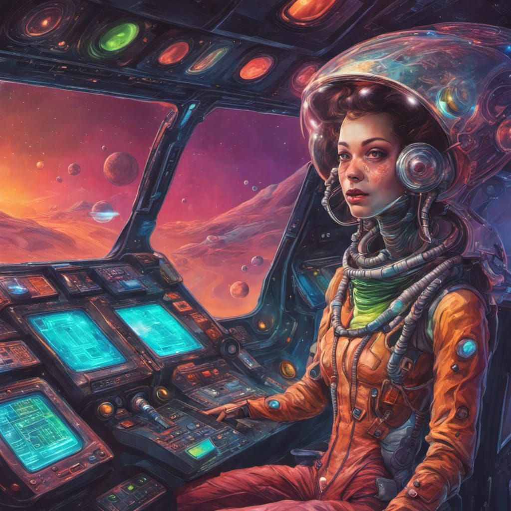 Colorful Alien Piloting a Spaceship