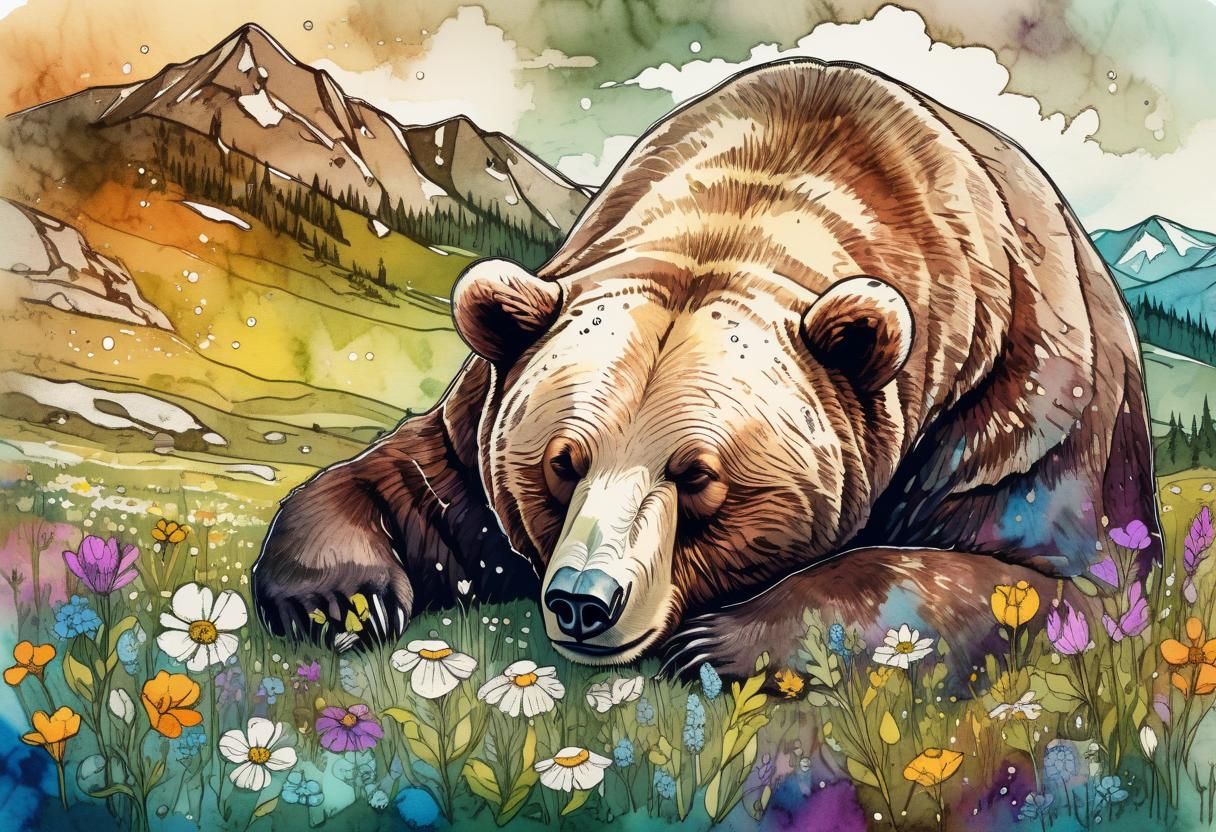 Sleeping Bear in Spring Meadow: Watercolor Illustration