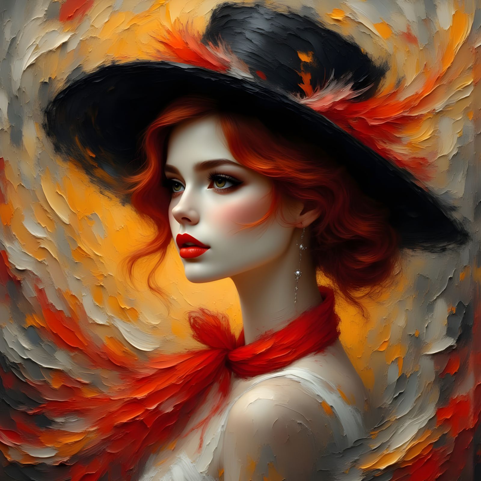 Ravishing Woman in Fiery Red Hair and Black Hat