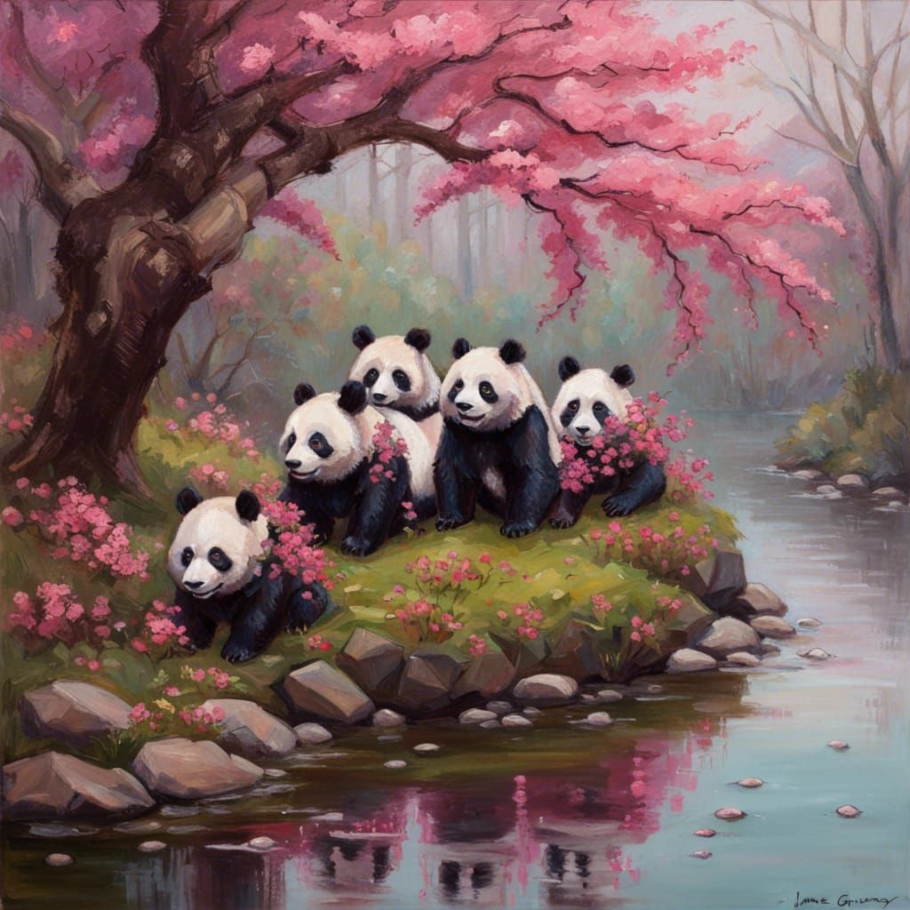 Pandas in Sakura Woodland: Gothic Cottagecore Painting