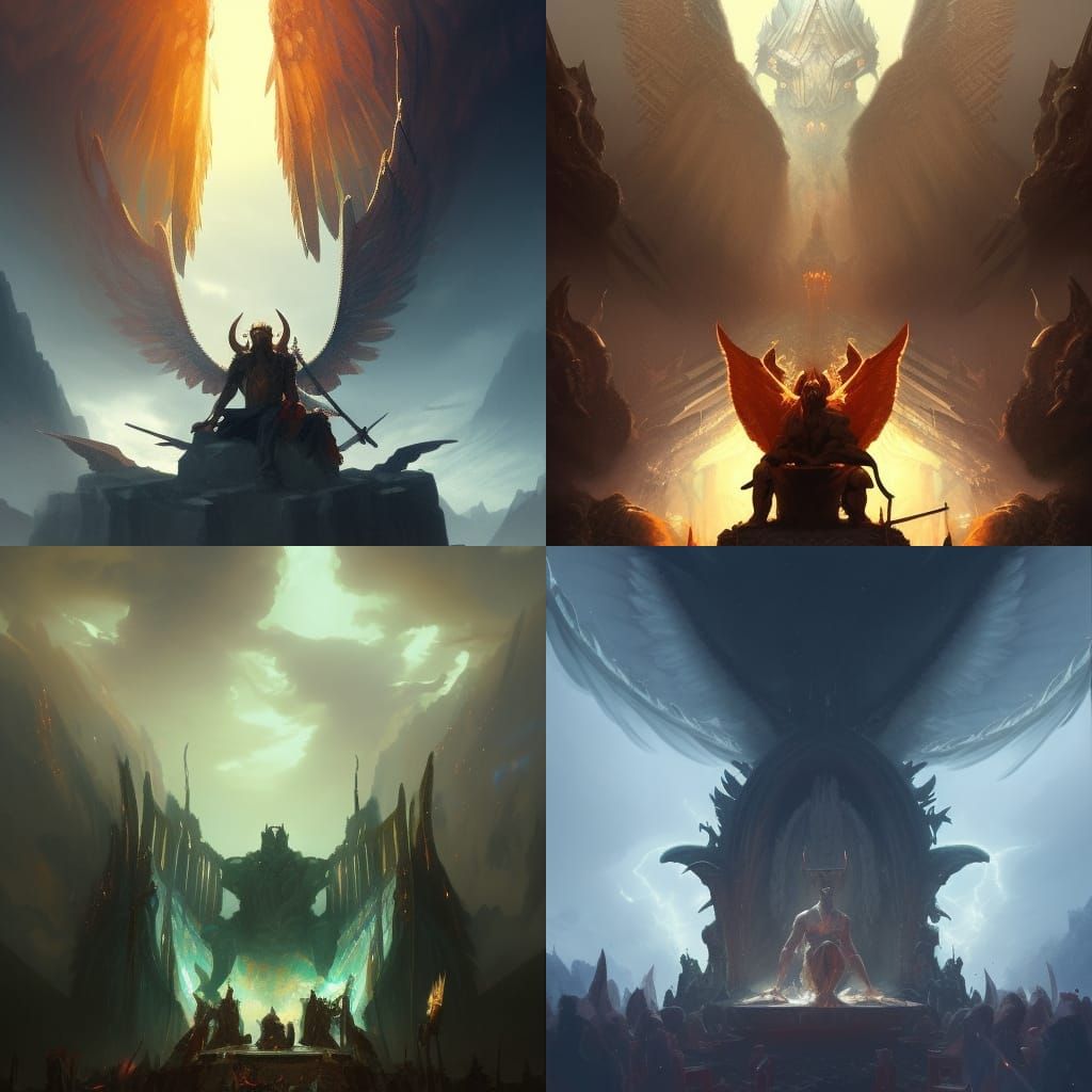 God and Satan Watch Angels and Demons Fight