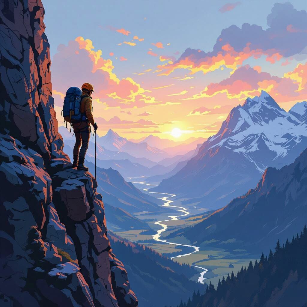 Rock Climber Ascends Rugged Cliff Amidst Majestic Mountains