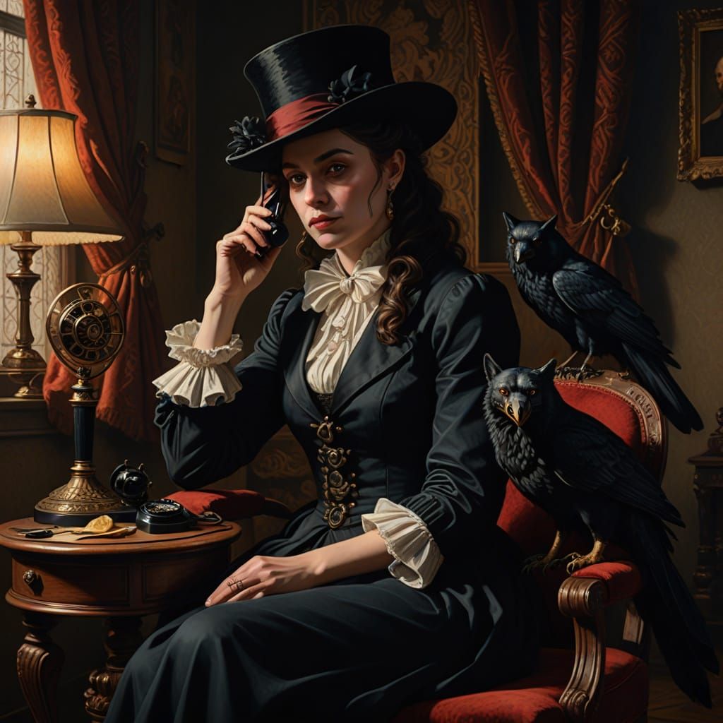 Victorian Woman on Phone with Wolf in Tenebrism