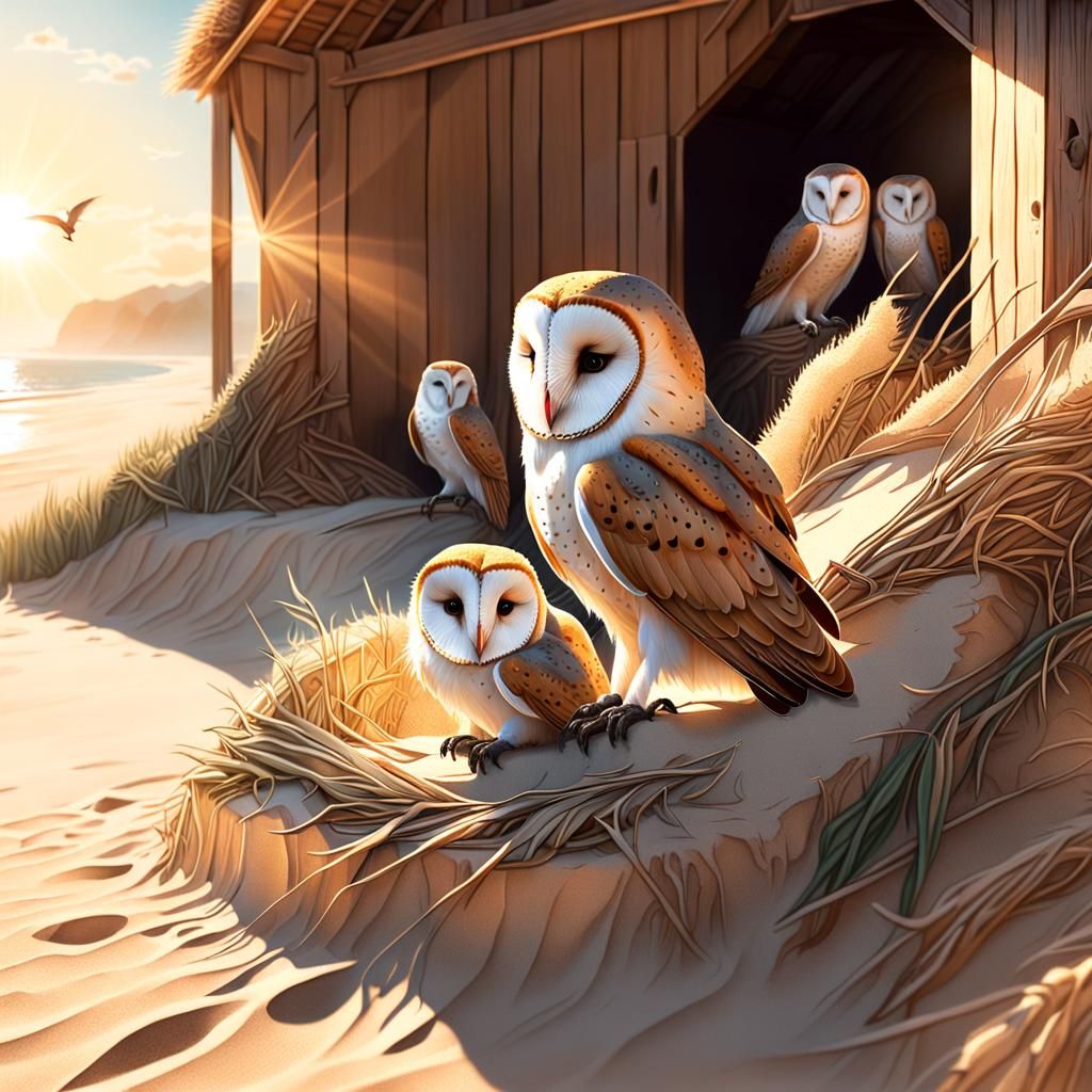 Barn Owl Family Overlooking Beach at Golden Hour