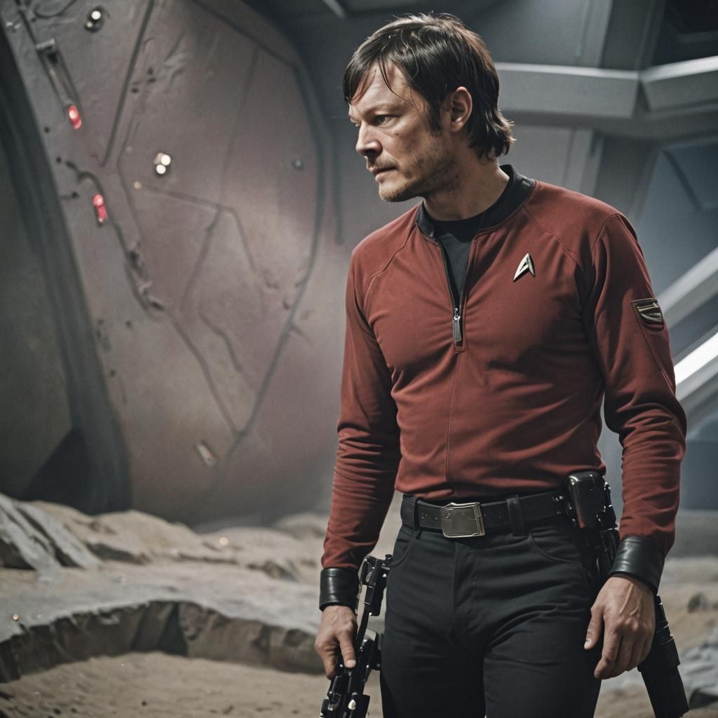 Norman Reedus close up Star trek TV still as a USS Enterprise Star Fleet Security officer in red shirt, black pants, lea...