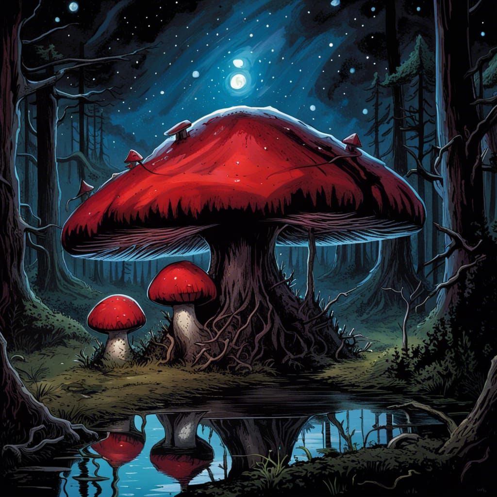 Gothic Horror: Giant Mushroom Under Starry Sky