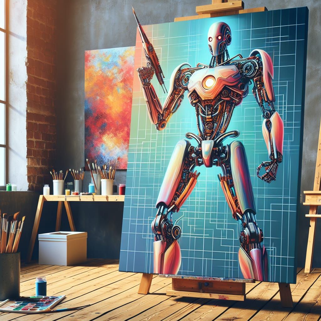 Cybernetic Vitruvian Robot in Art Studio