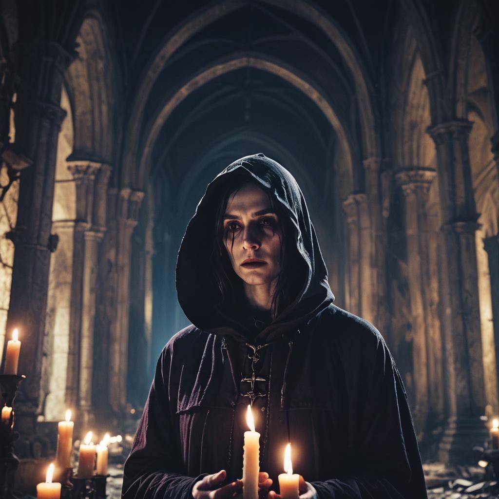 Gothic Horror: Hooded Figure in Abandoned Cathedral