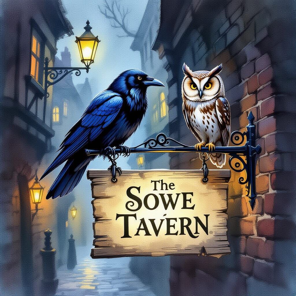 Mischievous Raven Guards Tavern Secret in Watercolor