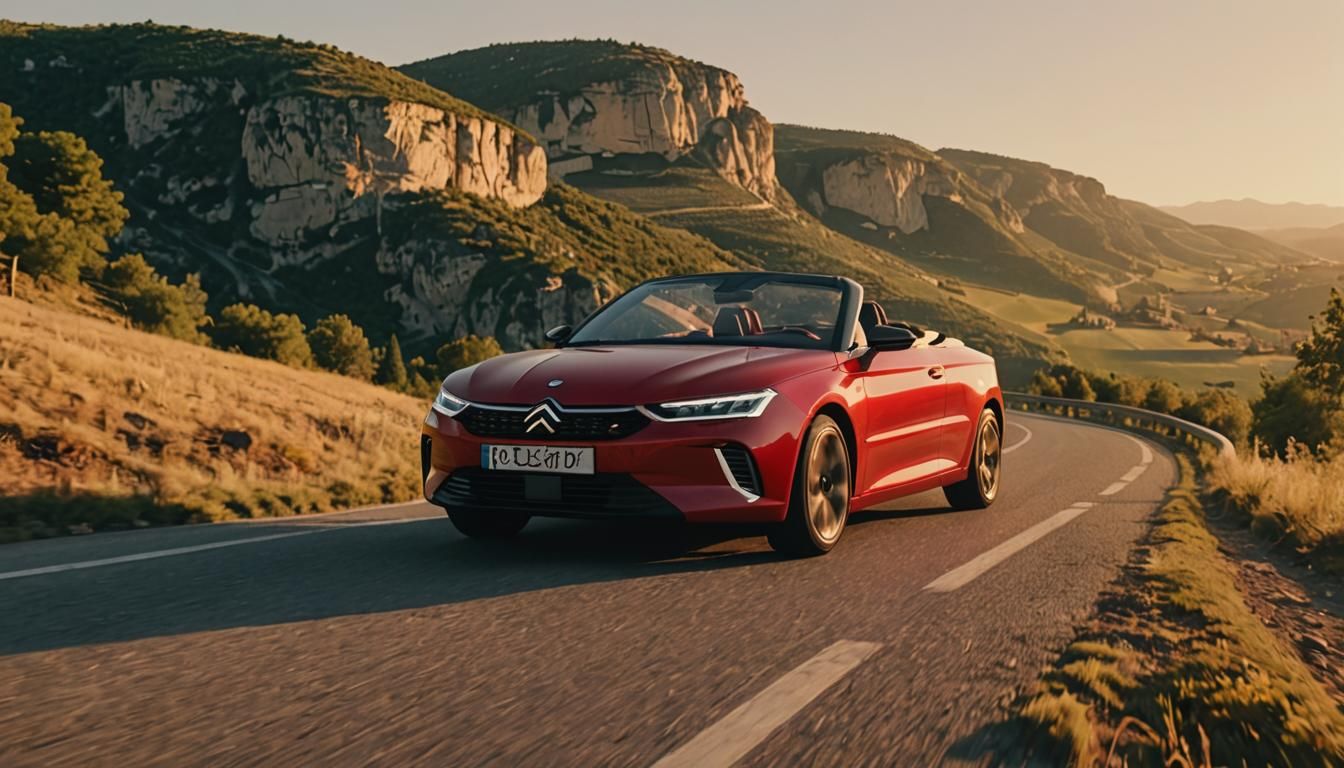 Futuristic Red Convertible Driving Scenic Route