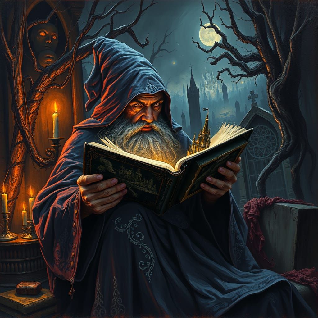 Wizard Reading Dark Fantasy Pop-up Book as Heavy Metal Art