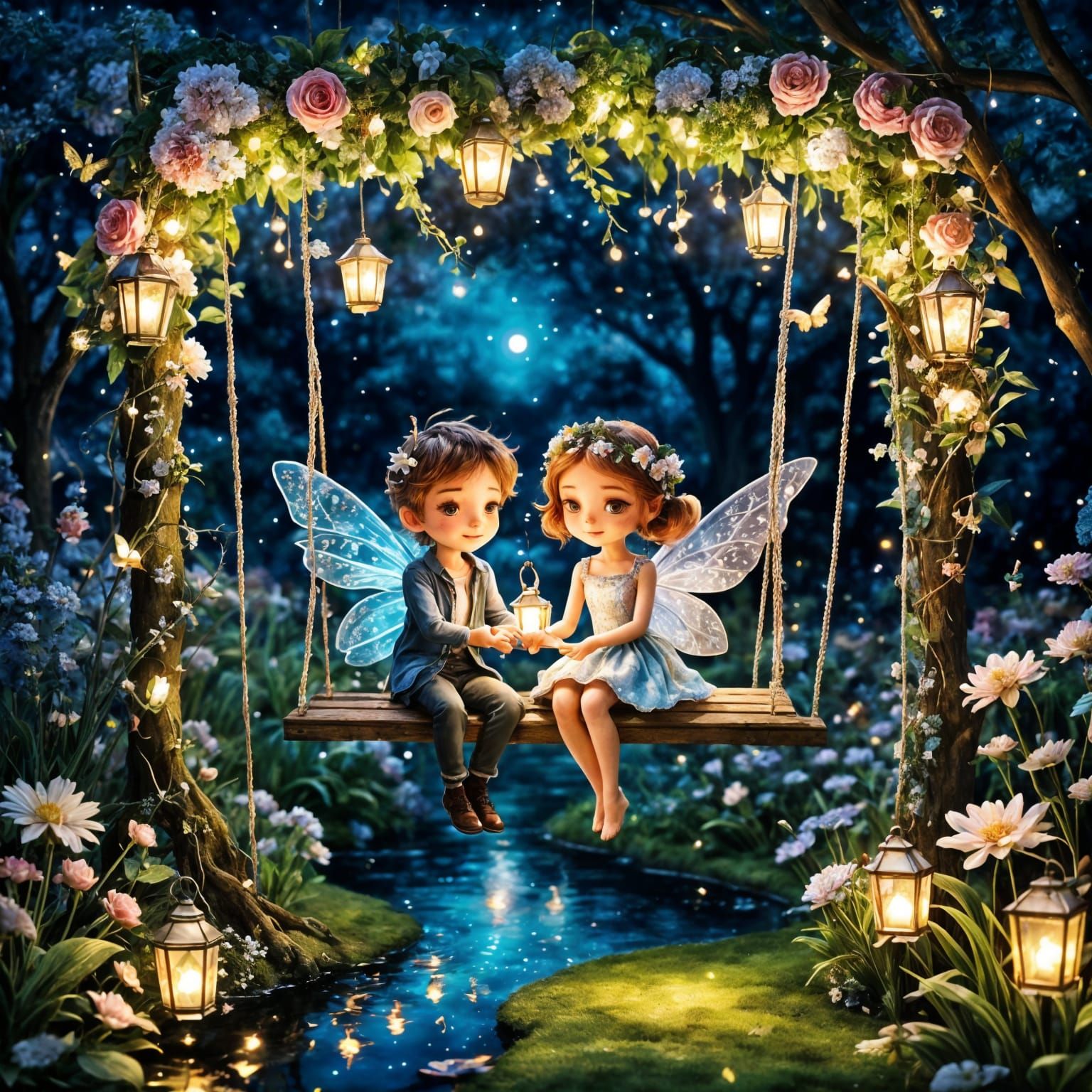 Romantic Fairy Couple on a Floral Garden Swing