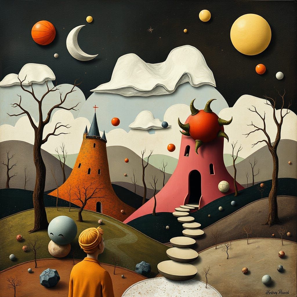 Whimsical Dadaist Landscape with Geometric Shapes and Muted....