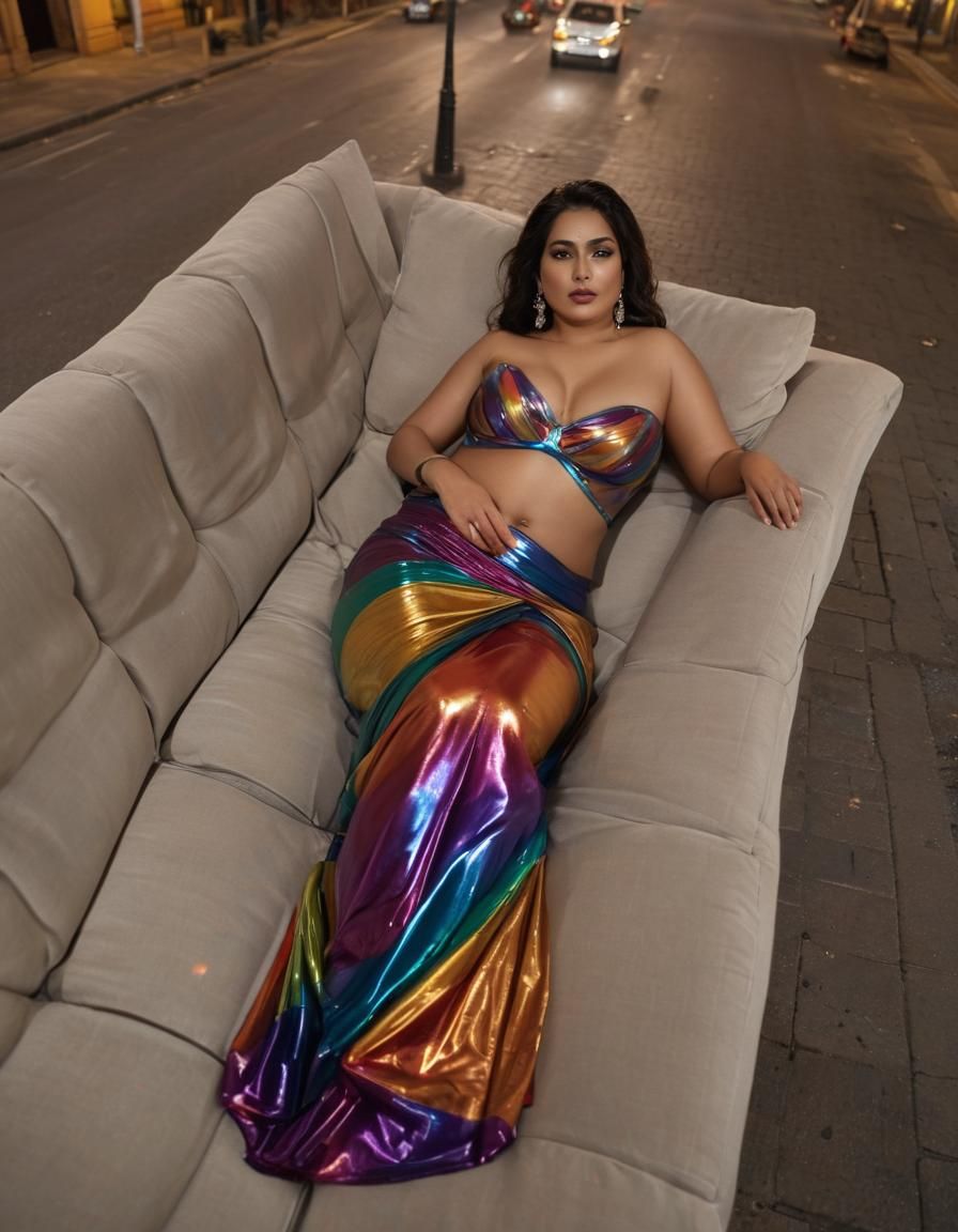 Lush Indian Model in Rainbow Latex Saree