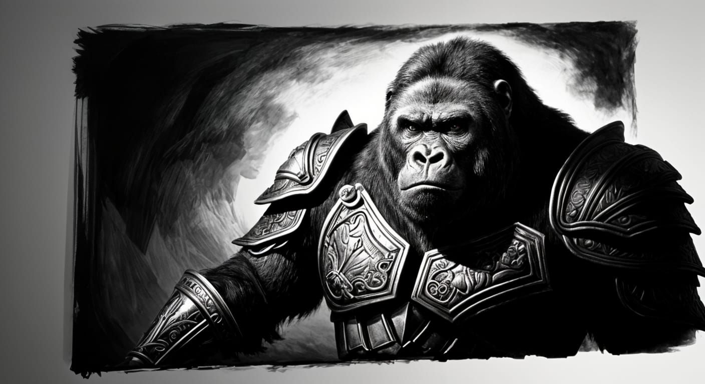 gorilla warrior - black and white scratchboard ink
