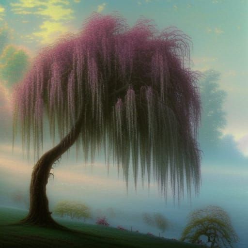 Ethereal Weeping Willow Tree in Fantasy Landscape