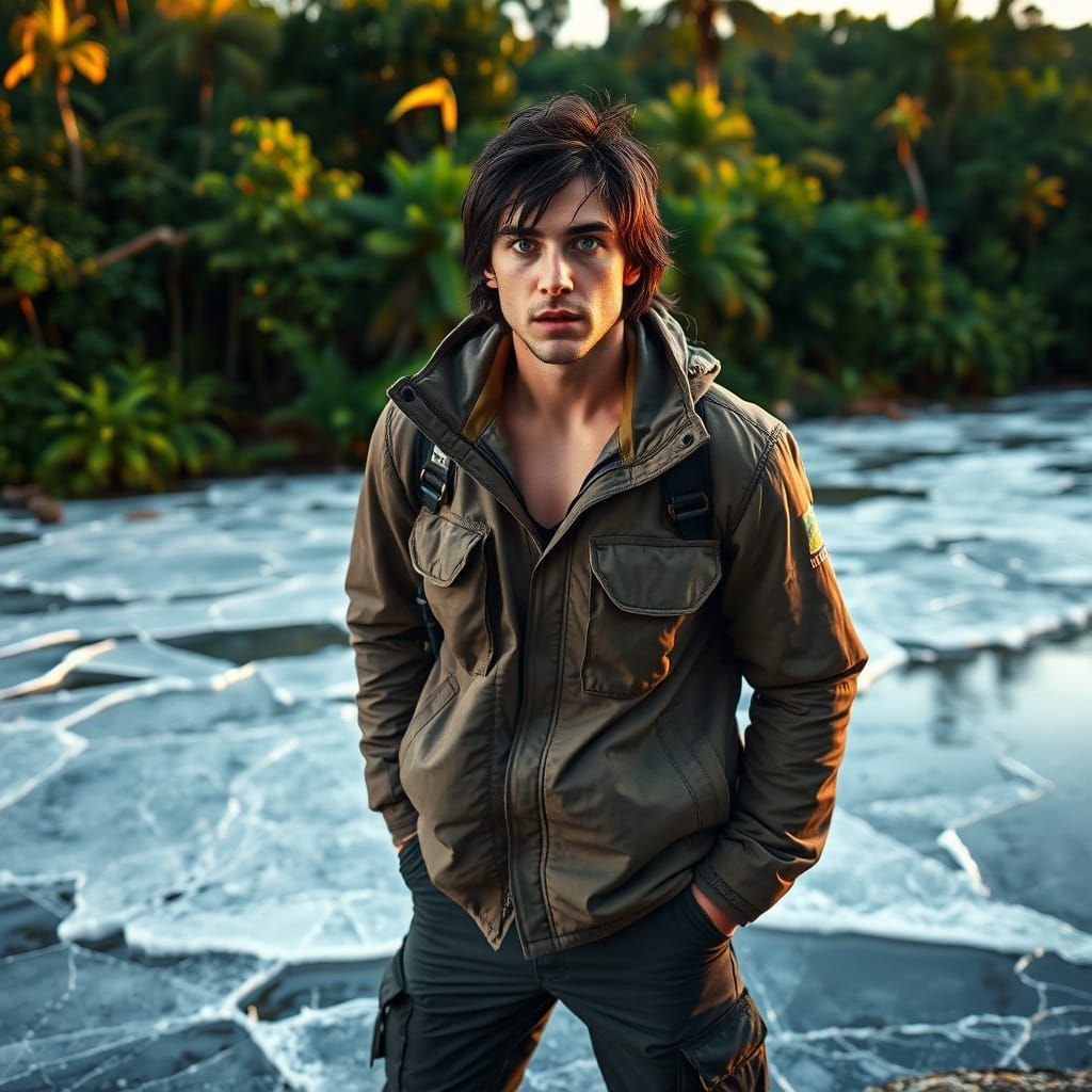 Dramatic Scene of Man Surprised by Cracked River Ice in Exot...