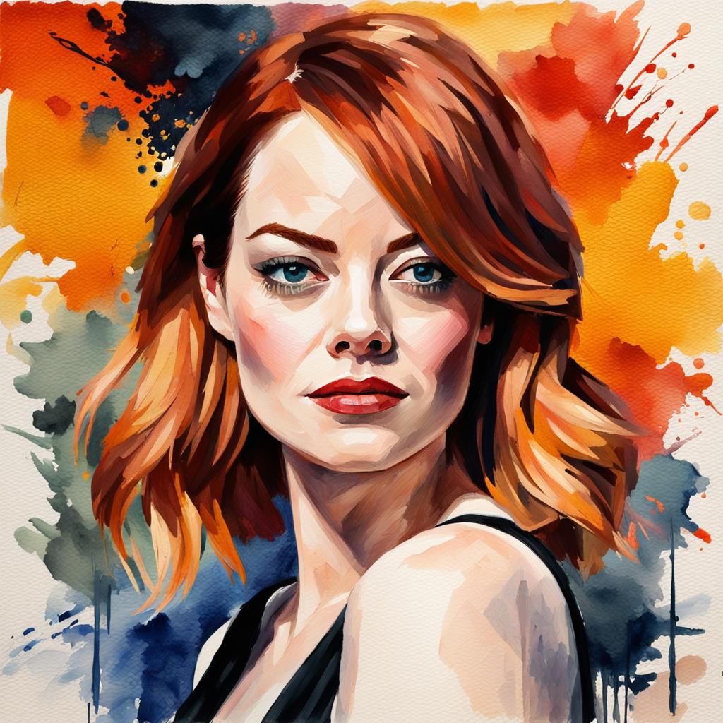 Emma Stone Portrait in Gouache Watercolor Style